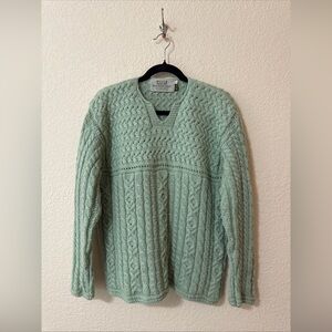 Aran Sweater Market Chunky Pure New Merino Wool V-neck Sweater Green Sz L Preppy
